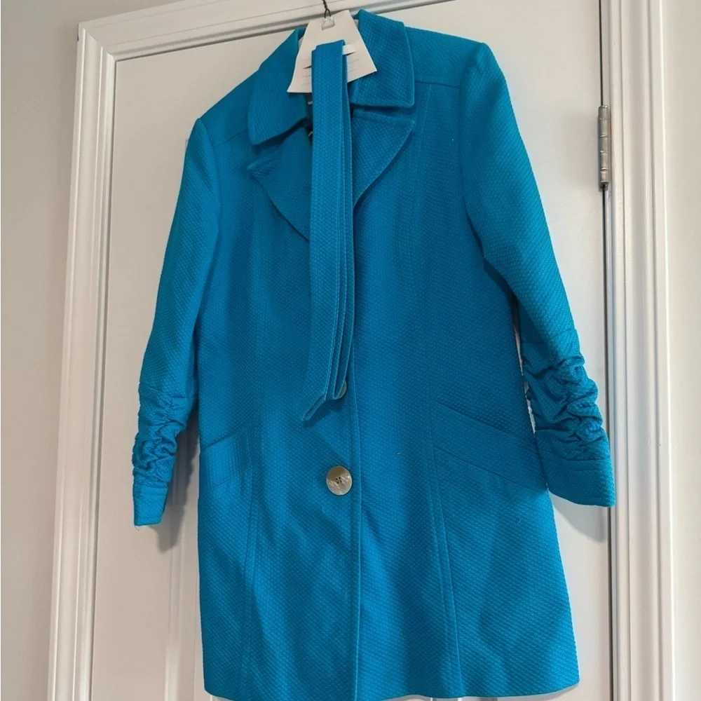 Peck & Peck Weekend Coat Teal Blue Belt Collared Buttons Lined Pockets Size 8